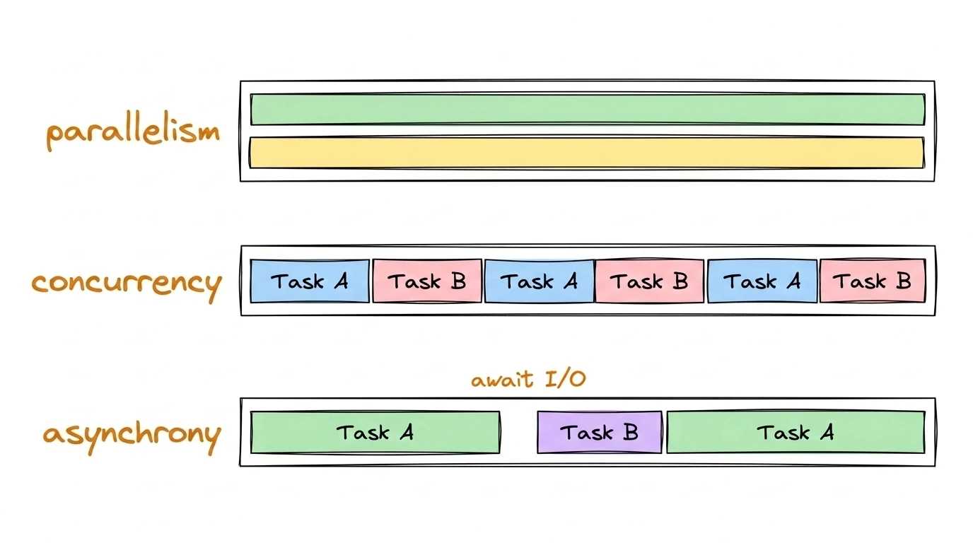 Illustration: three timelines — parallelism (two tasks at once on two cores), concurrency (one timeline with alternating tasks), asynchrony (one timeline where await pauses are filled by other tasks)