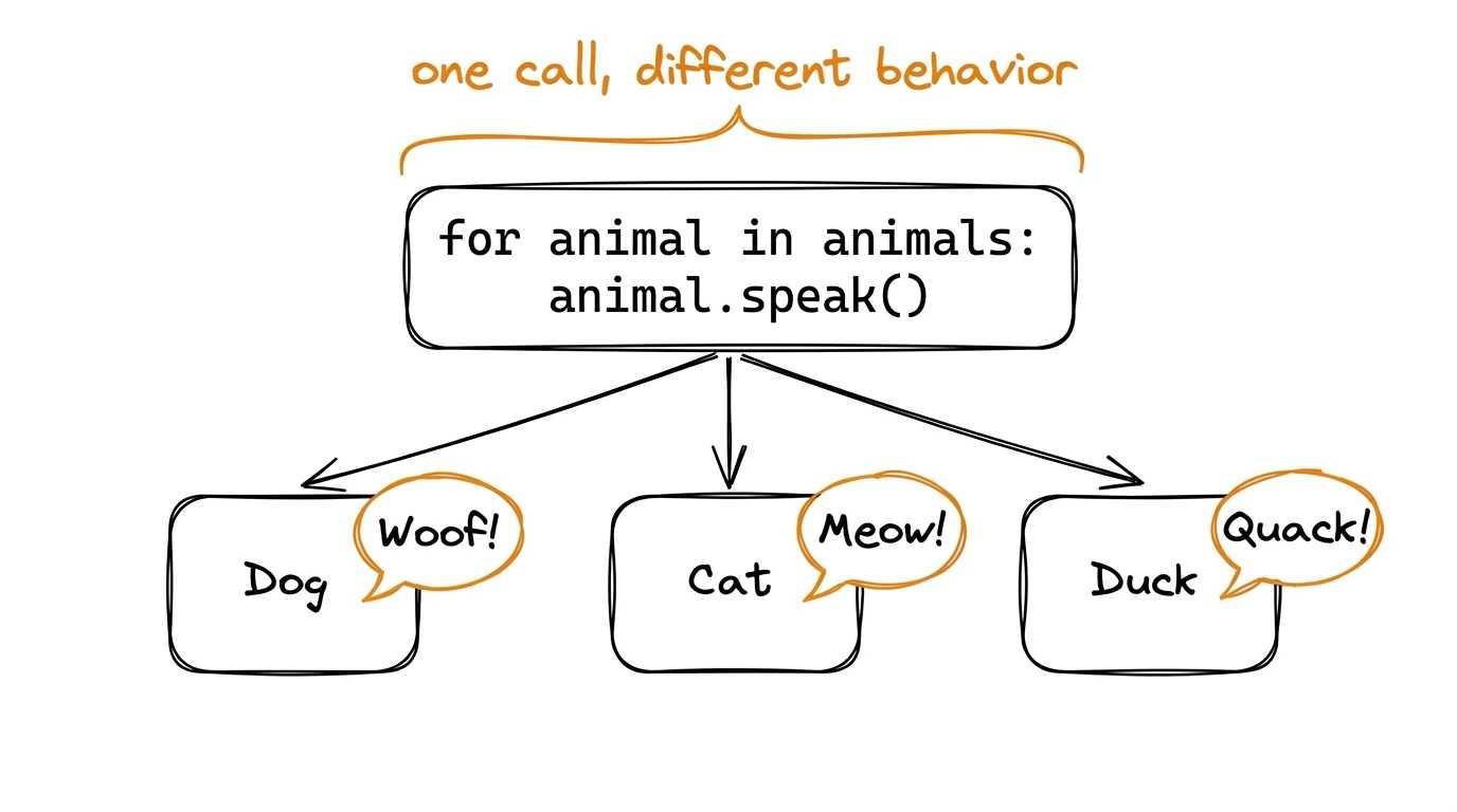 Illustration: the loop for animal in animals: animal.speak() in the centre, with three arrows reaching down to three boxes — Dog (says Woof!), Cat (says Meow!), Duck (says Quack!). Caption above: one call, different behavior