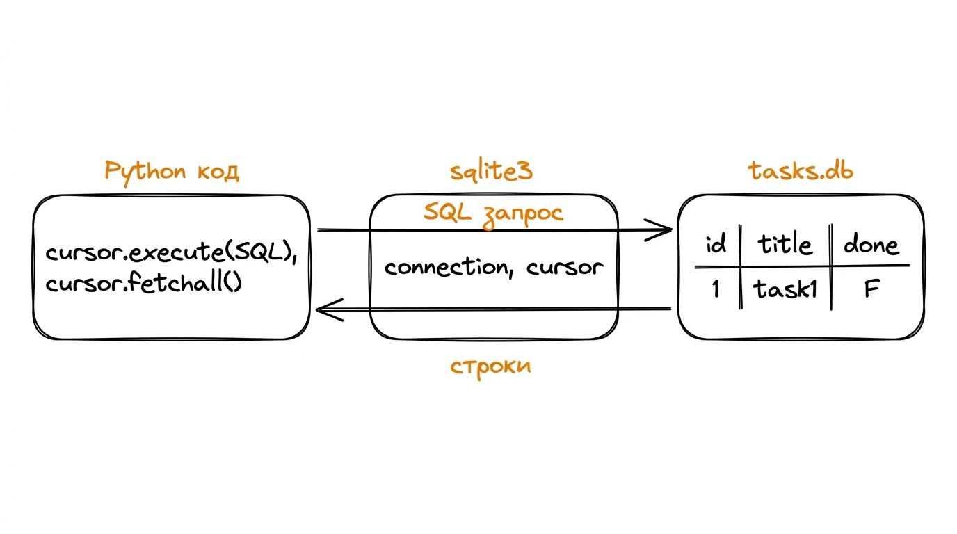 Иллюстрация: Python-код слева, sqlite3 в середине, файл tasks.db с маленькой таблицей справа; стрелки показывают что в БД летит SQL-запрос, а обратно возвращаются строки