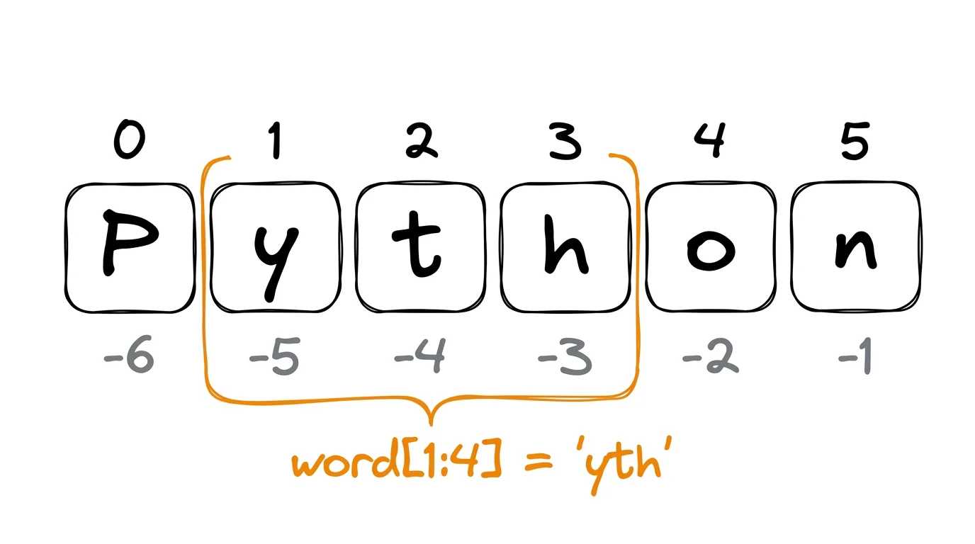 Индексы строки Python: положительные 0–5 над буквами, отрицательные -6…-1 под ними. Срез word[1:4] выделяет y, t, h