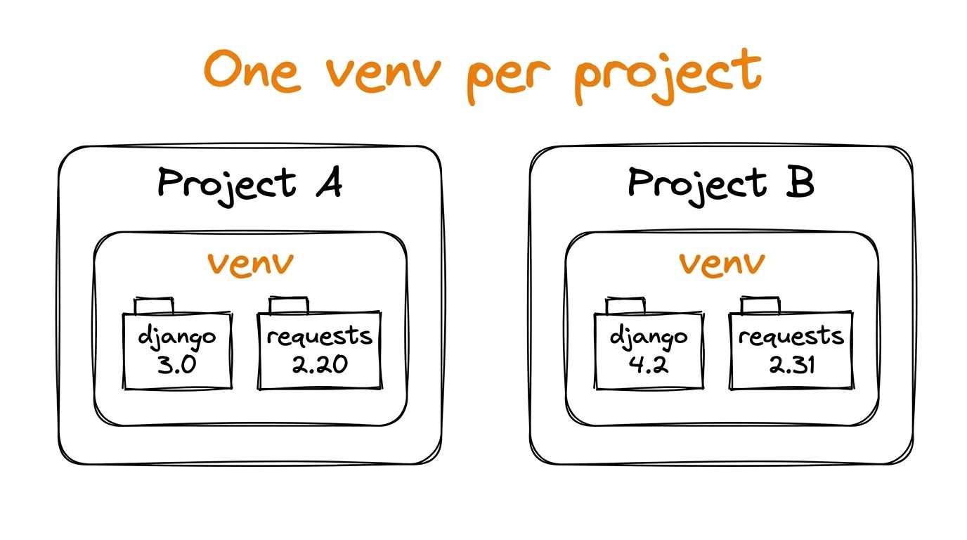 Two projects, each with its own venv holding its own package versions: django 3.0 + requests 2.20 in project A, django 4.2 + requests 2.31 in project B