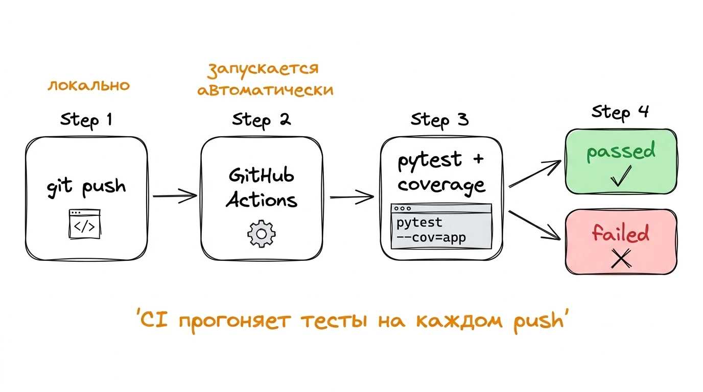 CI прогоняет тесты на каждом push Иллюстрация: git push → GitHub Actions запускается автоматически → pytest + coverage → ветка результата passed (зелёный) или failed (красный)