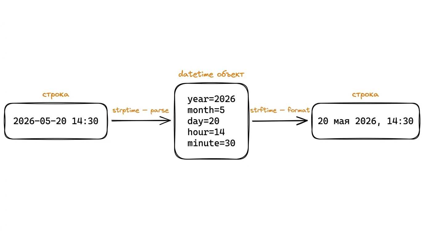 strptime парсит строку в datetime, strftime форматирует datetime в строку Иллюстрация: слева строка 2026-05-20 14:30, стрелка strptime (parse) к datetime-объекту с year, month, day, hour, minute, далее стрелка strftime (format) к строке «20 мая 2026, 14:30»