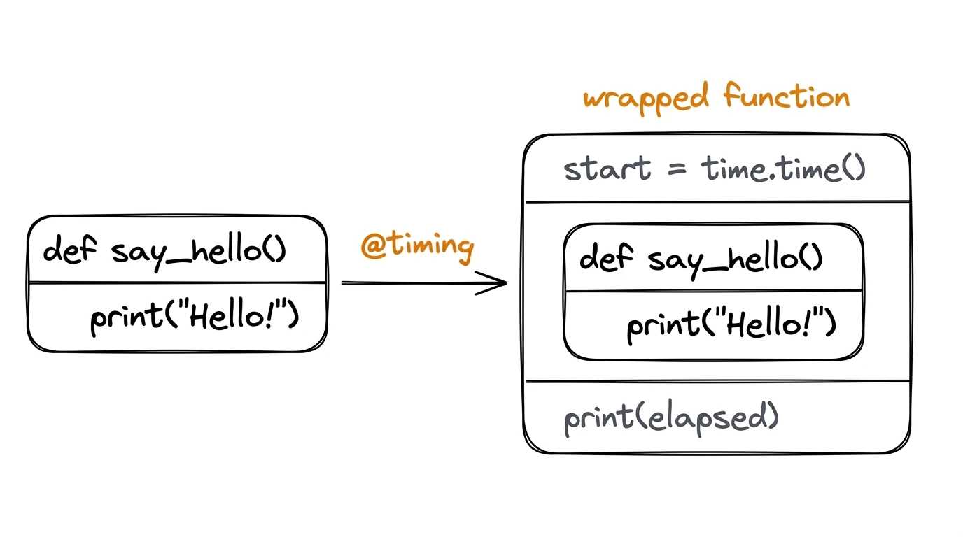 A decorator wraps a function, adding behavior before and after its call Illustration: on the left, a simple say_hello() function; an arrow labeled @timing points right; on the right, a wrapped function containing the original say_hello() inside, with start = time.time() above and print(elapsed) below
