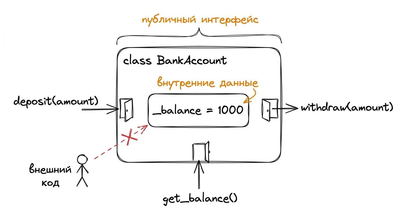 Класс прячет _balance за публичным интерфейсом Иллюстрация: класс BankAccount как коробка, внутри хранится _balance, снаружи только три метода-входа: deposit(), withdraw(), get_balance() — это публичный интерфейс. Прямой доступ извне к _balance перечёркнут красным