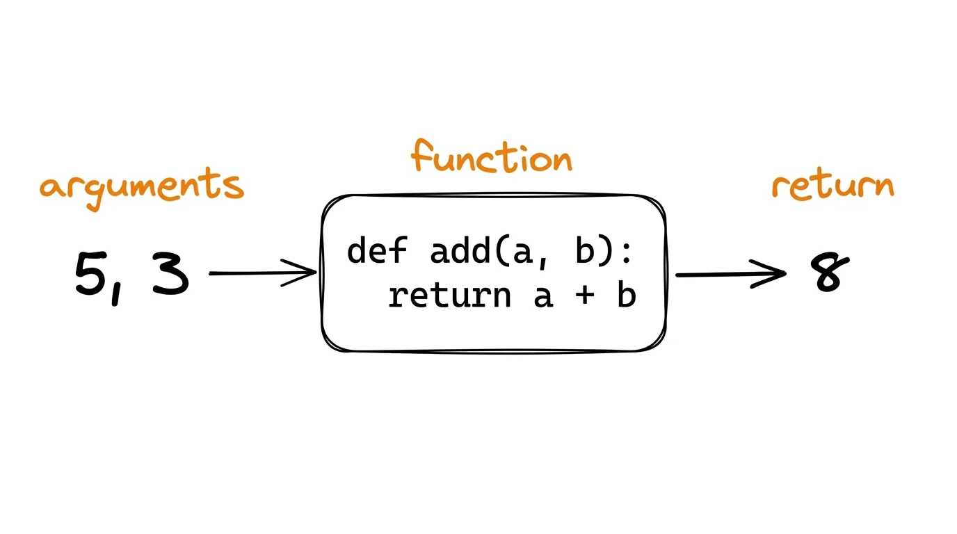 A function as a transformation input → output A function as a black box: arguments 5 and 3 enter the box def add(a, b): return a + b and 8 comes out