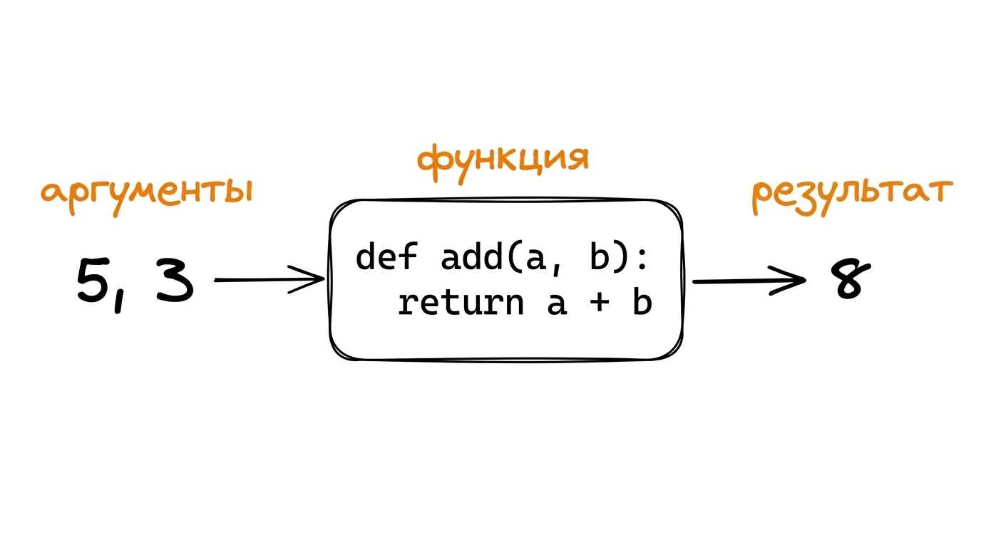 Функция как преобразование вход → выход Функция как чёрный ящик: на вход аргументы 5 и 3, внутри def add(a, b): return a + b, на выходе 8