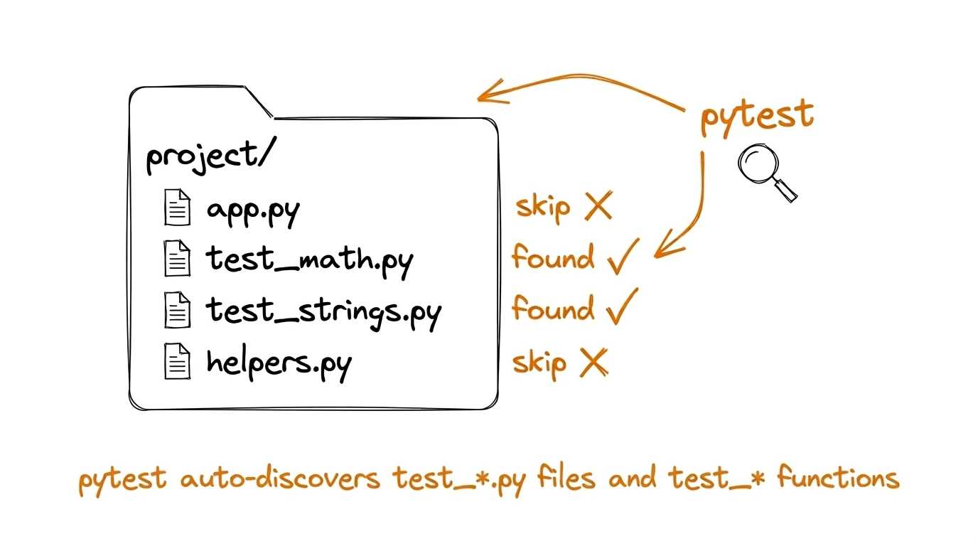 pytest auto-discovers test_*.py files and test_* functions Illustration: a project folder with files app.py, test_math.py, test_strings.py, helpers.py. pytest scans the folder and finds files with the test_ prefix, skipping the others