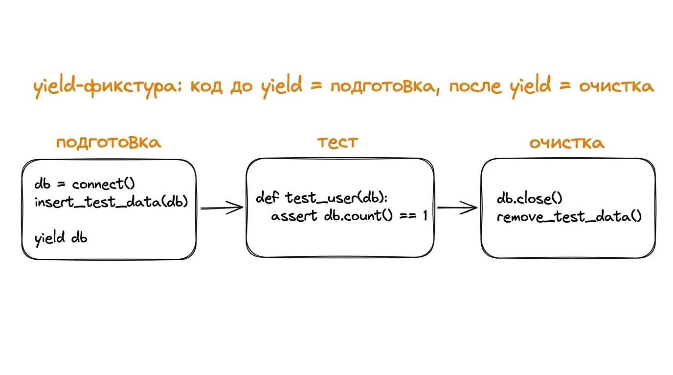 yield-фикстура: код до yield = setup, после yield = teardown Иллюстрация: setup (код до yield) → тест → teardown (код после yield); три блока, соединённые стрелками