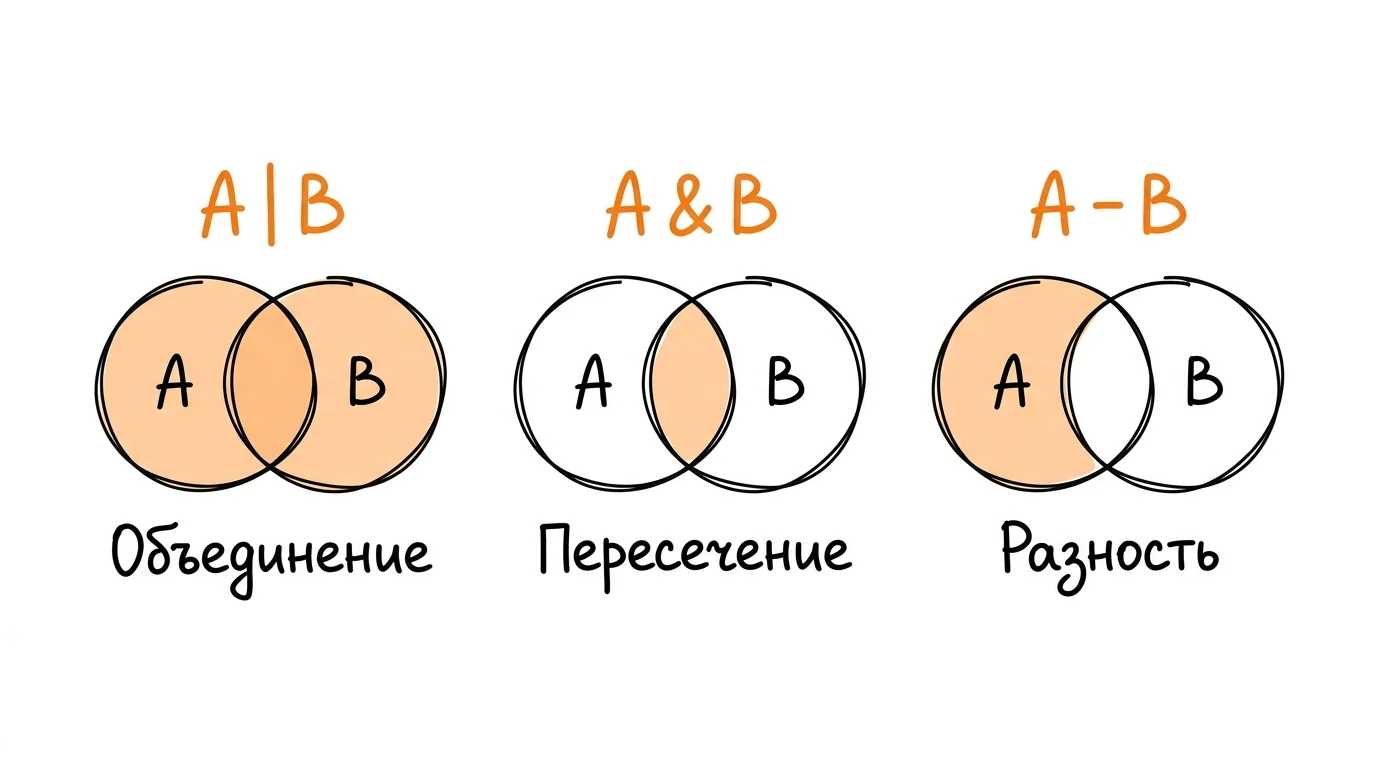 Операции над множествами Диаграммы Венна для трёх операций над множествами: объединение A | B, пересечение A & B, разность A - B