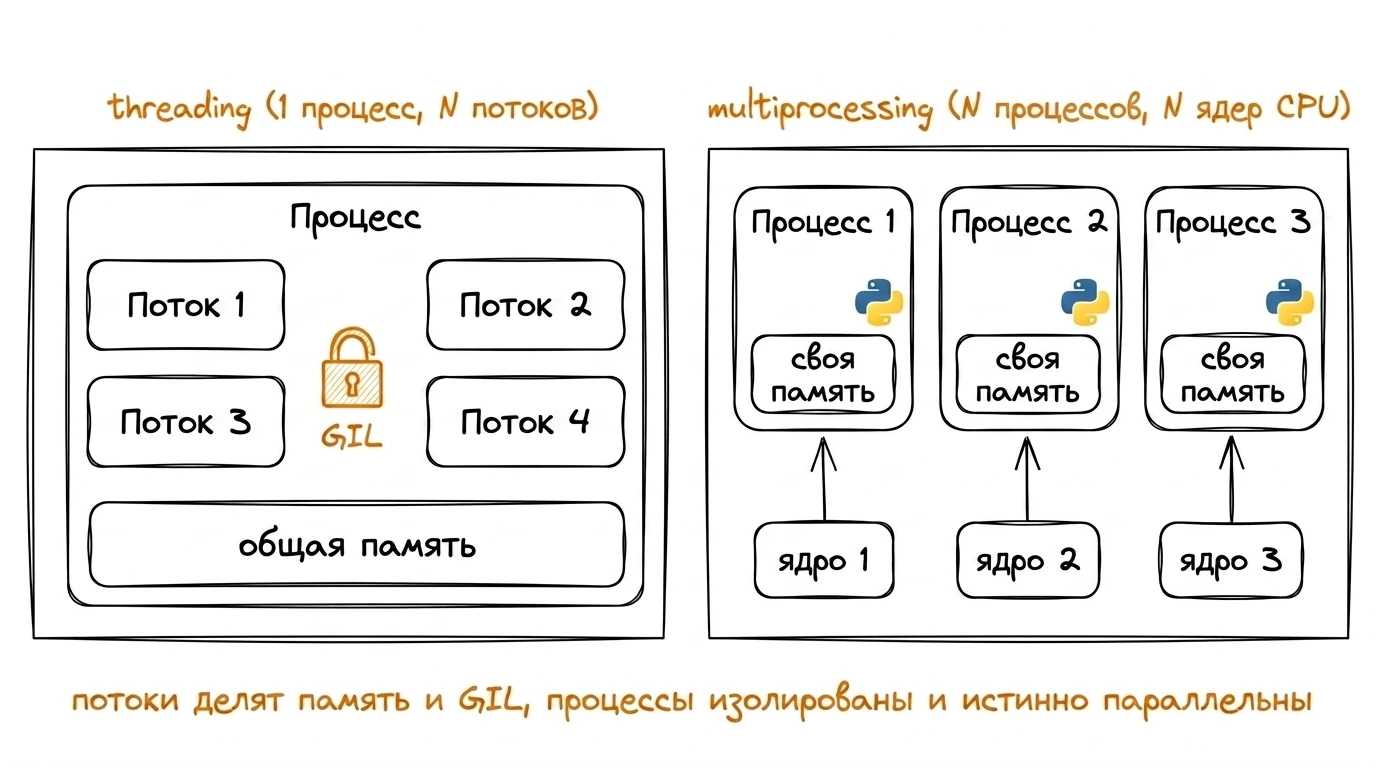 Потоки делят память внутри одного процесса (GIL), процессы изолированы и могут идти на разных ядрах CPU Иллюстрация: слева панель threading с одним Process, внутри которого Thread 1-4 с разделяемой памятью и иконкой GIL; справа multiprocessing с тремя отдельными процессами, у каждого свой Python и память, под ними ядра CPU; подпись: потоки делят память и GIL, процессы изолированы и истинно параллельны