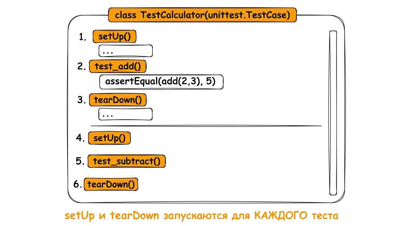 setUp и tearDown запускаются для каждого теста Иллюстрация: класс TestCalculator(unittest.TestCase), внутри последовательность шагов 1.setUp 2.test_add 3.tearDown 4.setUp 5.test_subtract 6.tearDown — для каждого теста setUp и tearDown запускаются заново